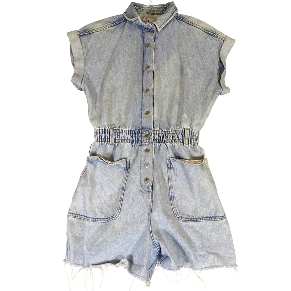 Zara Denim Light Wash Button Front Elastic Waist Romper Raw Hem Medium